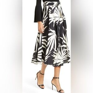 MILLY Jackie Palm-Printed Black White Midi Skirt, size 6
